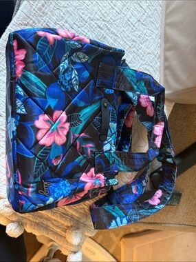 Quilted Lug JitterFloral Tote Bag in Blue and Pink with crossbody strap